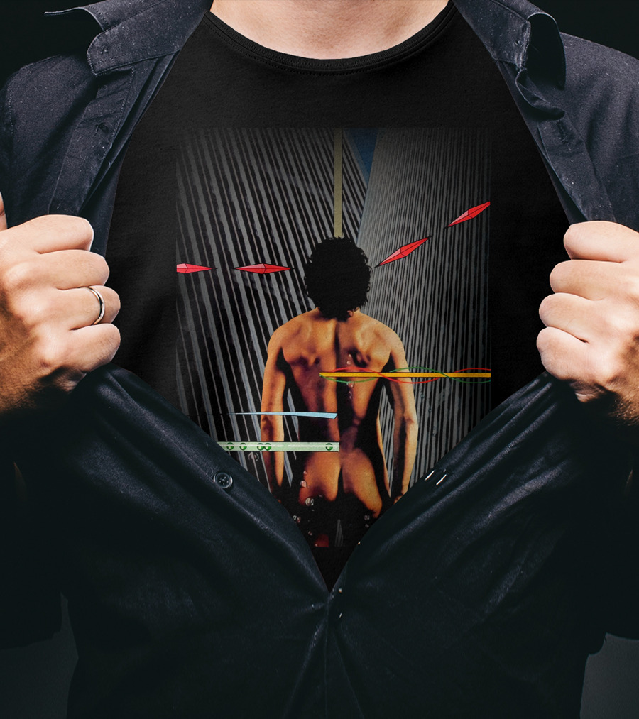 Naked Figure And Geometric Patterns With Vertical Lines And Red Shapes T-Shirt
