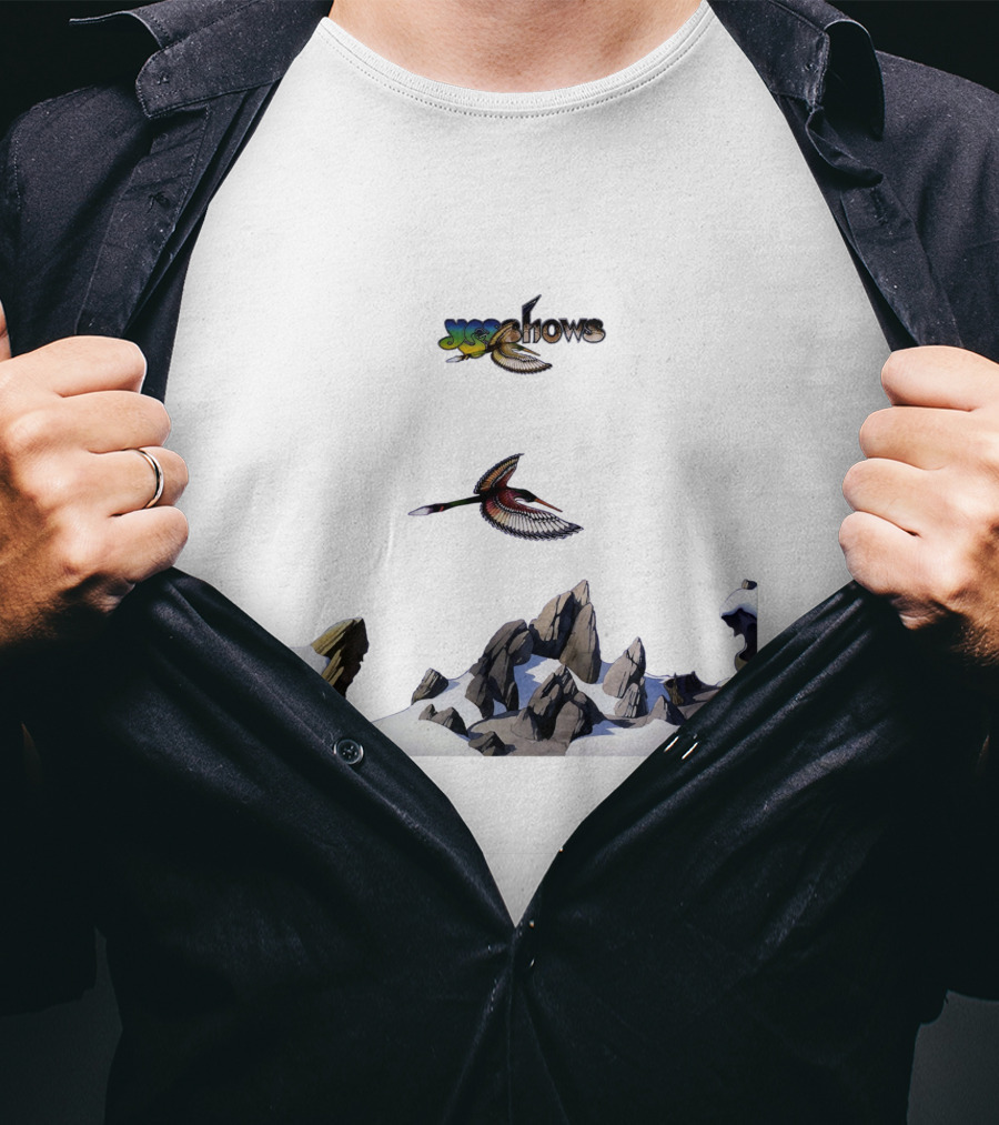 Yes W Flock Of Birds Over Snowy Mountain Peaks T-Shirt