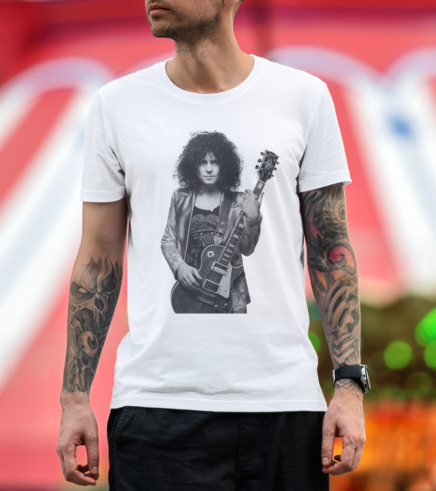 Marc Bolan With Gibson Les Paul Guitar Iconic Black And White T-Shirt