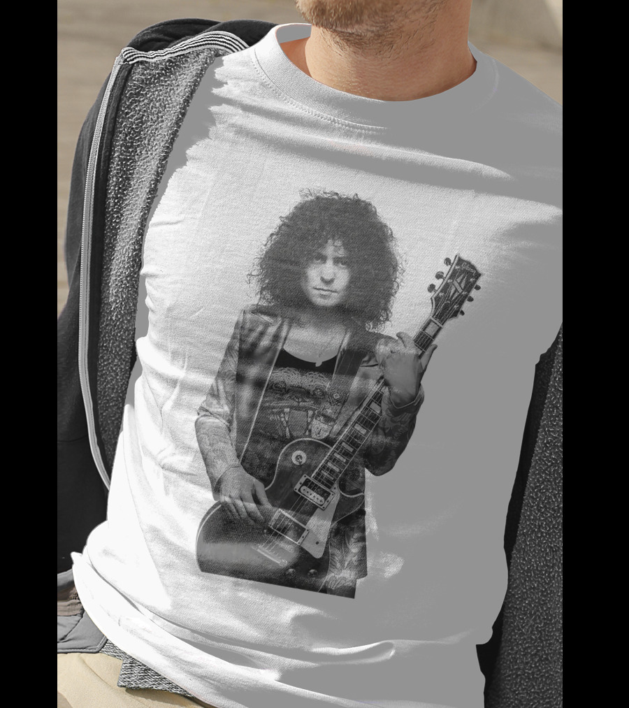 Marc Bolan With Gibson Les Paul Guitar Iconic Black And White T-Shirt