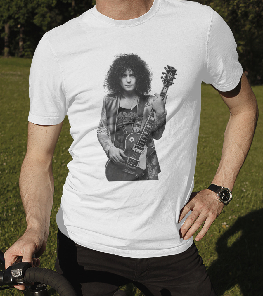 Marc Bolan With Gibson Les Paul Guitar Iconic Black And White T-Shirt