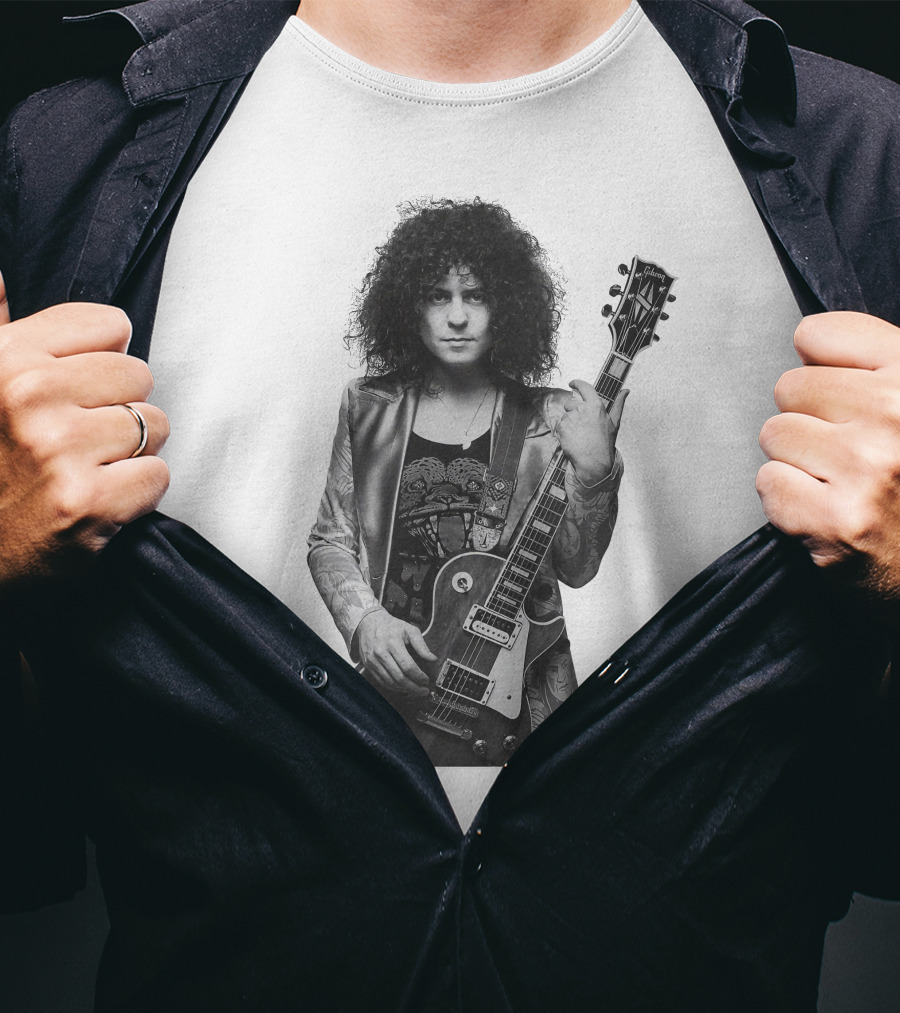 Marc Bolan With Gibson Les Paul Guitar Iconic Black And White T-Shirt