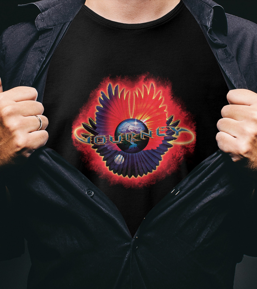 Journey Band Logo With Planet And Red-Blue Wings T-Shirt