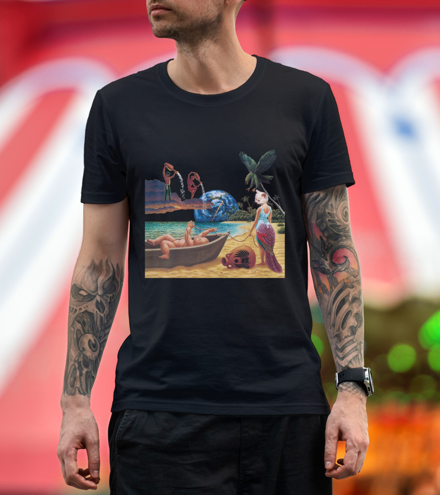 Cosmic Beach Scene With Mermaid And Planet Earth T-Shirt