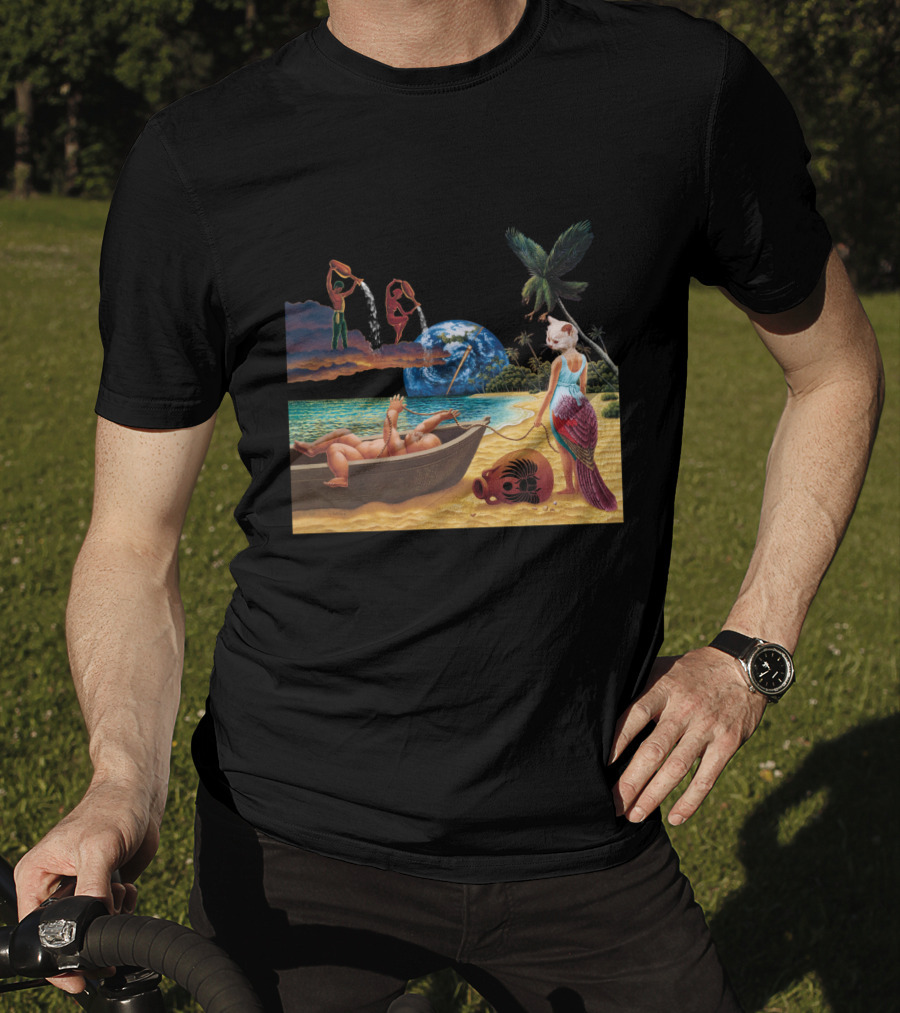 Cosmic Beach Scene With Mermaid And Planet Earth T-Shirt