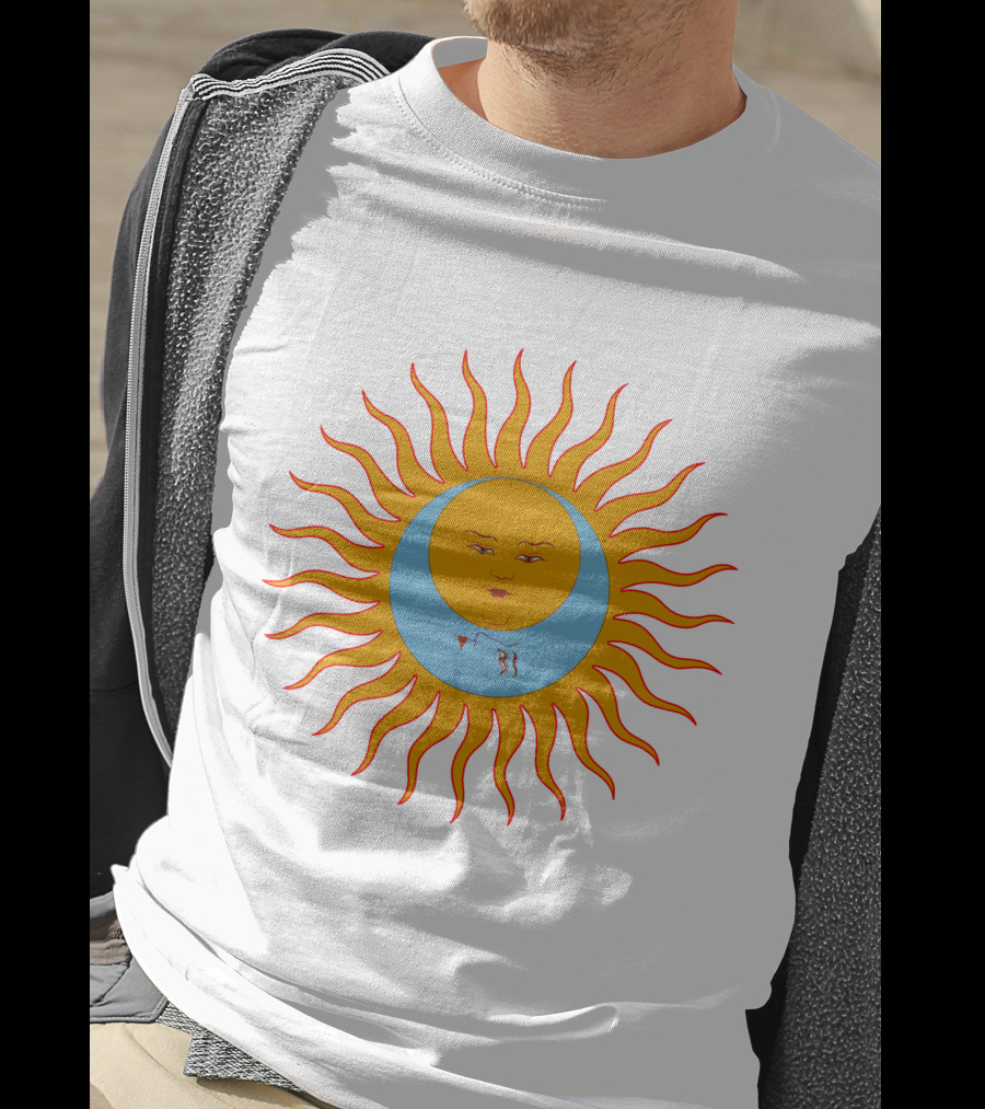 Crimson Red Sun Face Icon On Blue And Orange T-Shirt