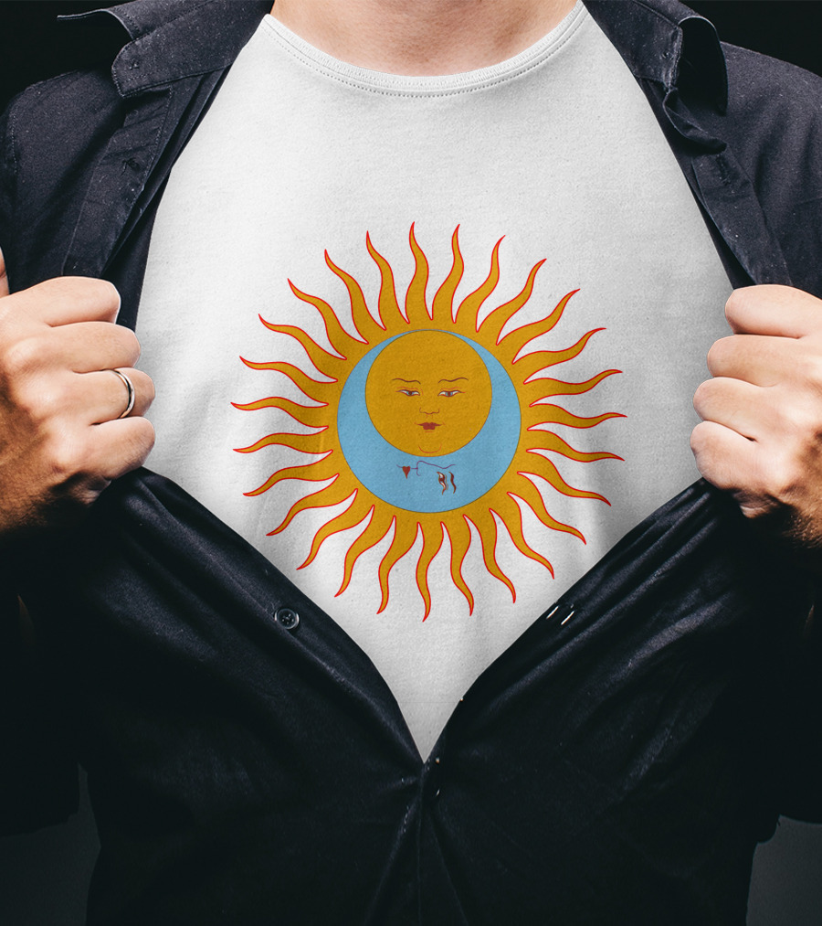 Crimson Red Sun Face Icon On Blue And Orange T-Shirt