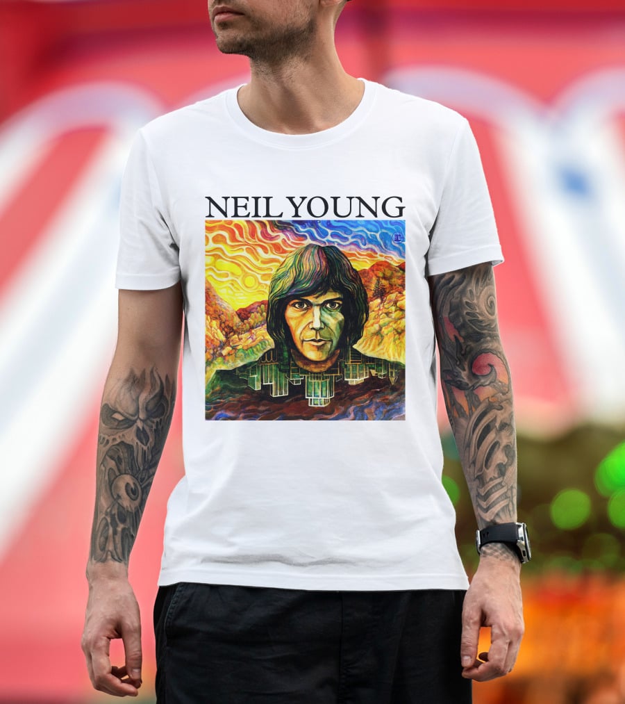 Neil Young Vibrant Portrait And Cityscape Fusion T-Shirt