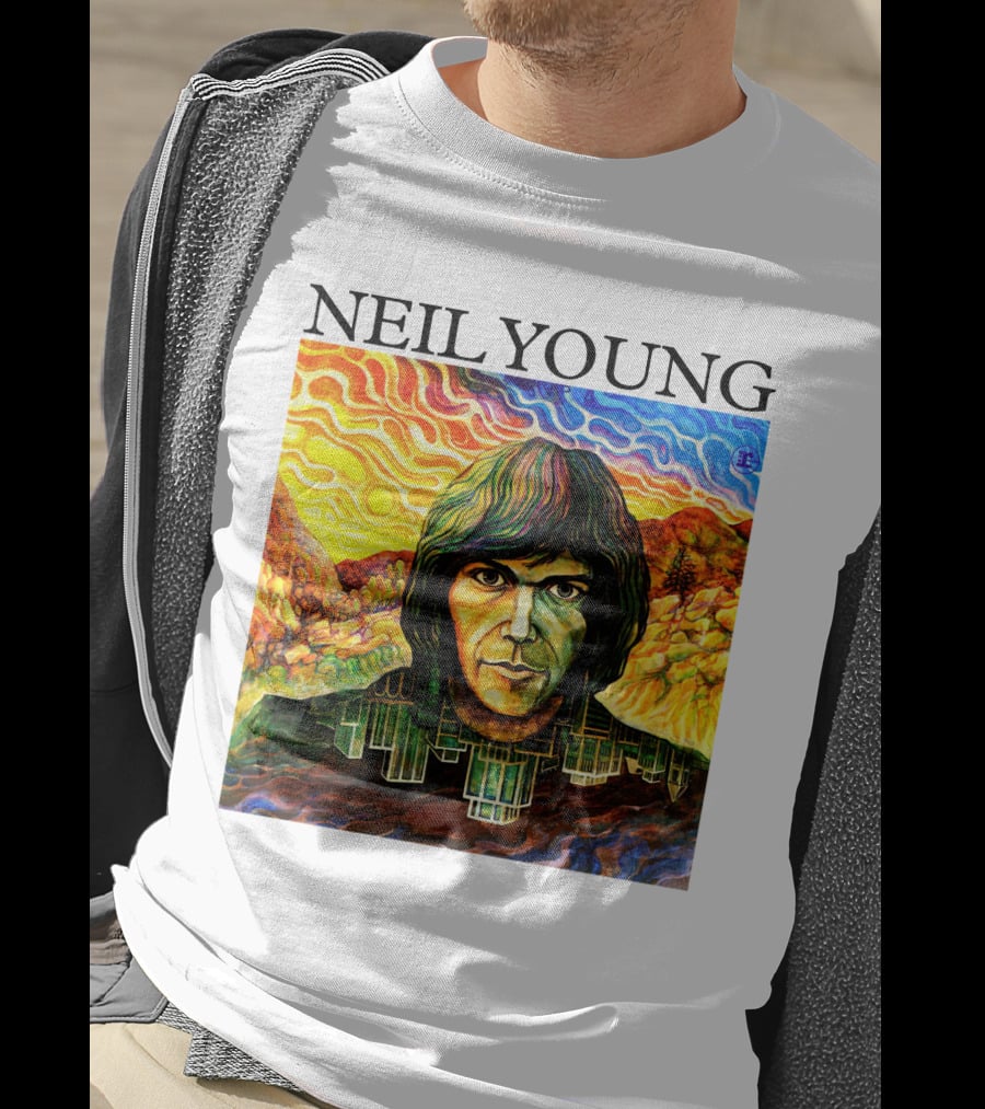 Neil Young Vibrant Portrait And Cityscape Fusion T-Shirt