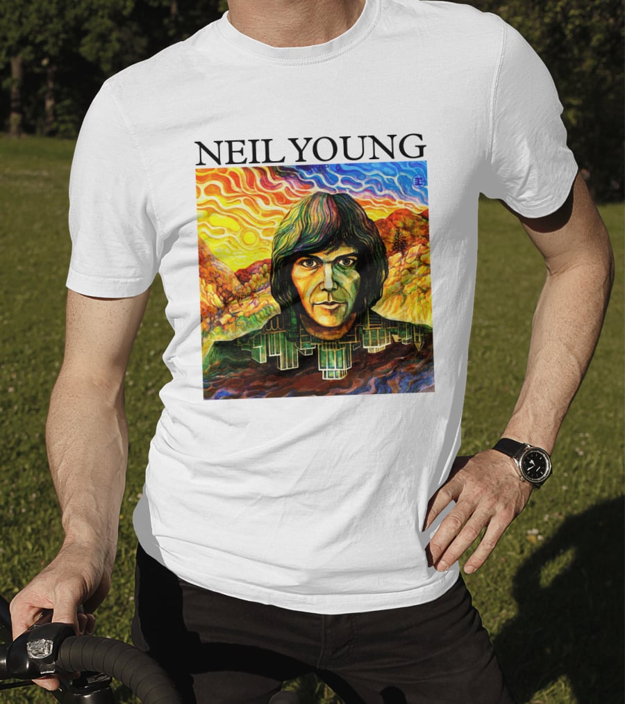 Neil Young Vibrant Portrait And Cityscape Fusion T-Shirt