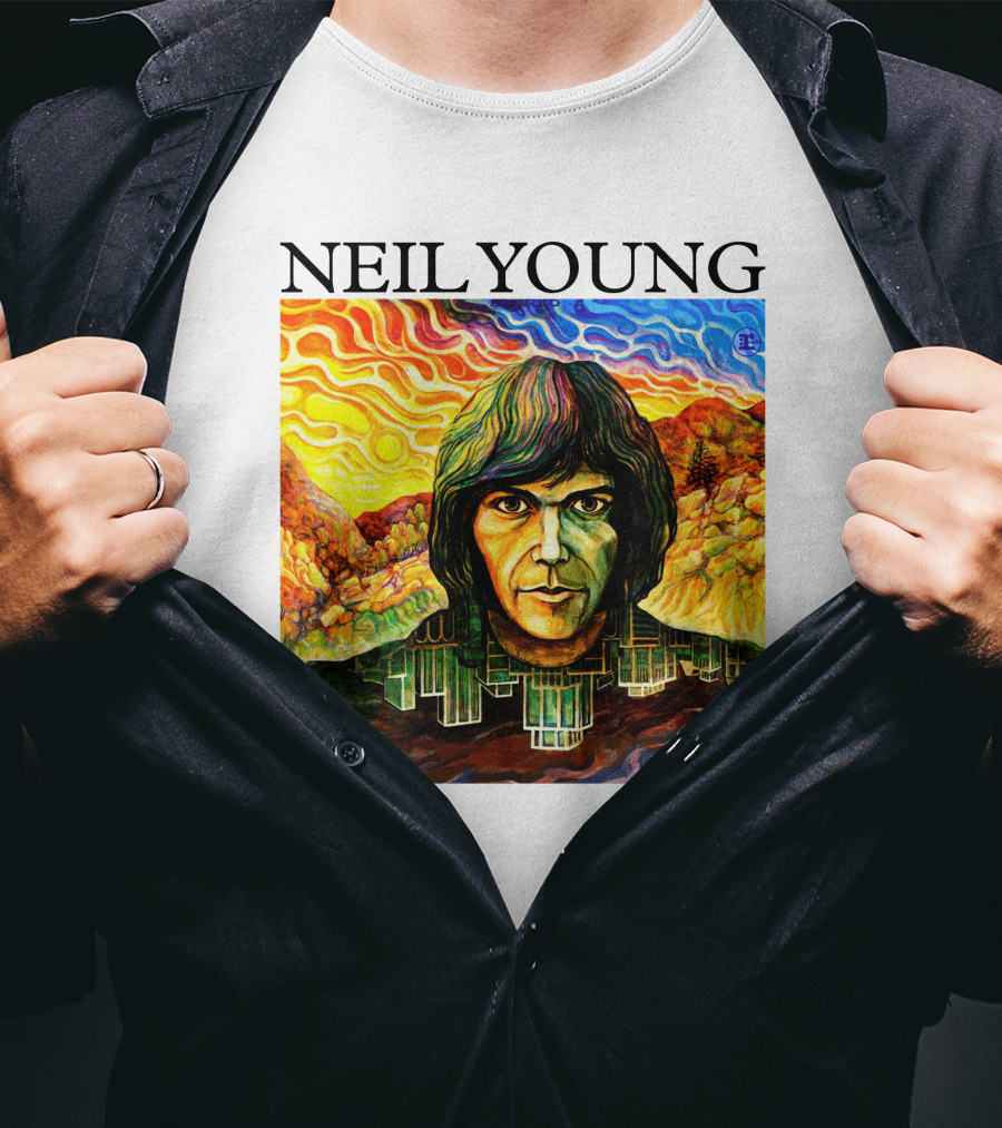 Neil Young Vibrant Portrait And Cityscape Fusion T-Shirt