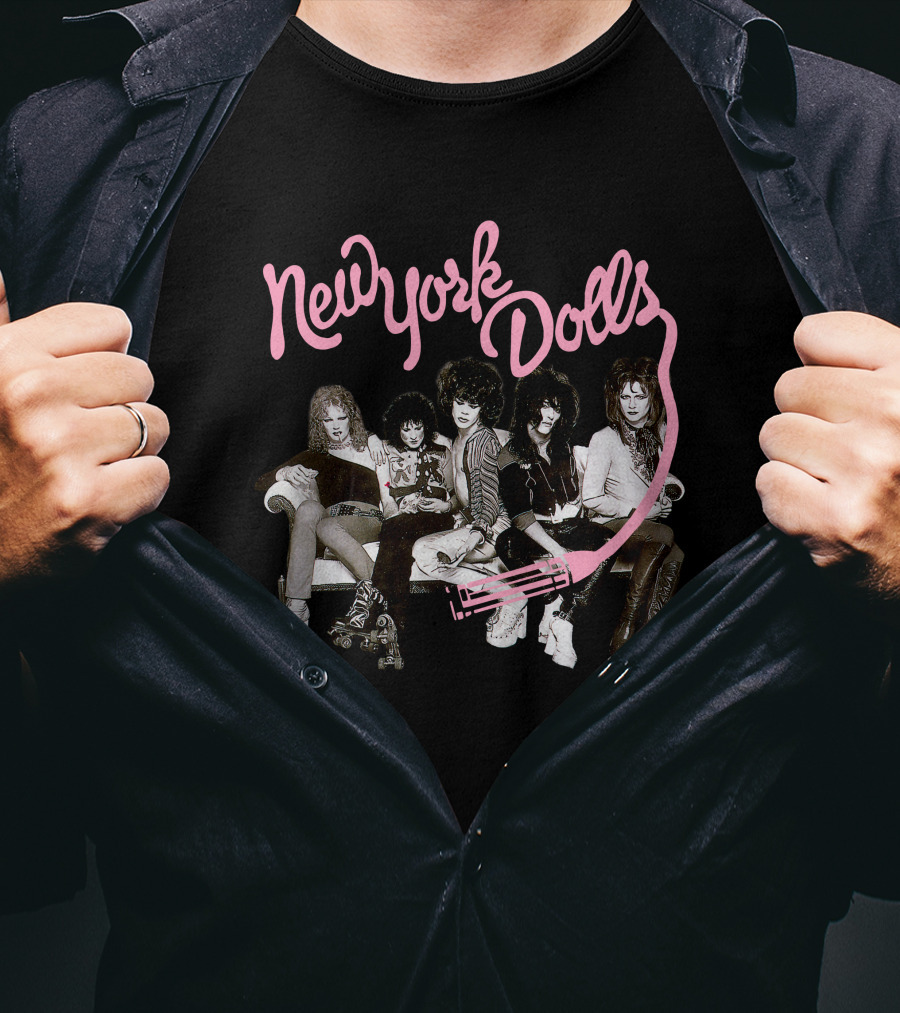 New York Dolls Band Pink Logo And Group Photo T-Shirt