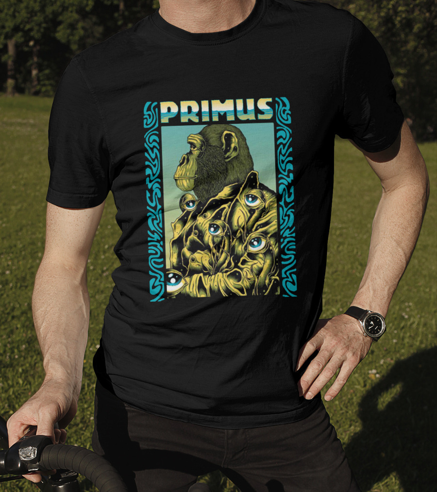Primus Surrealist Monkey With Eyes And Tribal Border T-Shirt