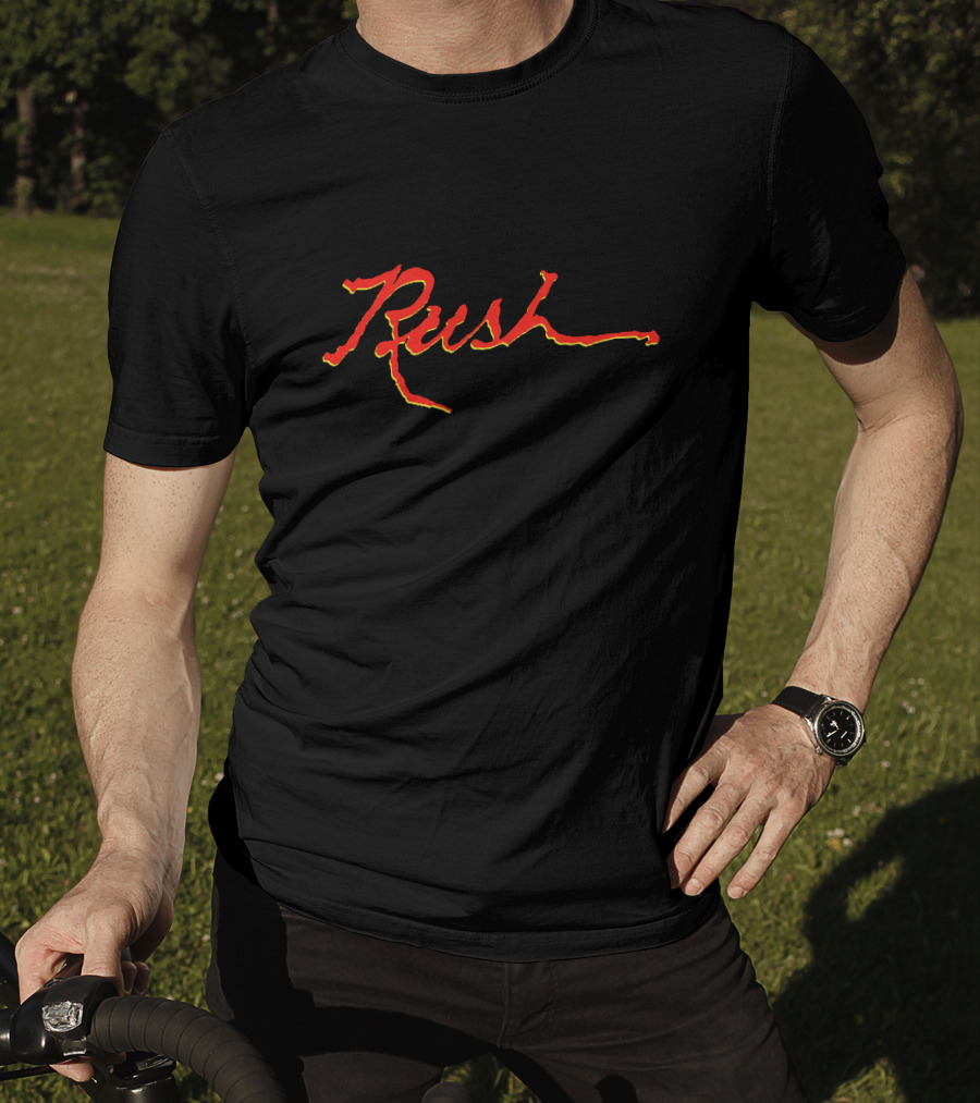 Rush Band Stylized Red And Yellow Script T-Shirt