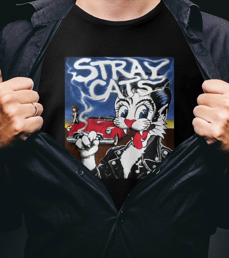Stray Cats Rockabilly Cat And Classic Car Scene T-Shirt