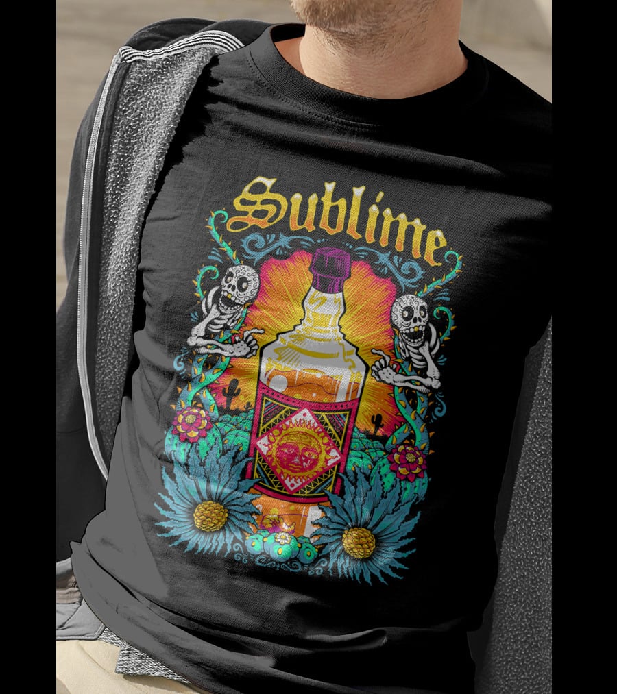 Sublime Skeletons And Cactus With Bottle Sunburst T-Shirt