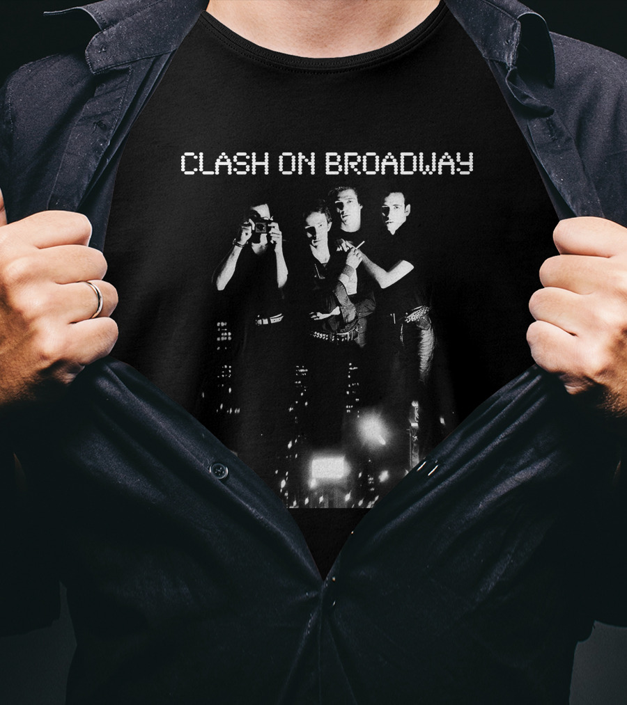 Clash On Broadway Band Night Black And White Street Scene T-Shirt