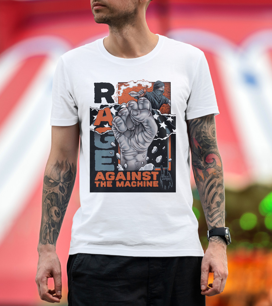 Rage Against The Machine Fist With Star Pattern And Hooded Figure T-Shirt