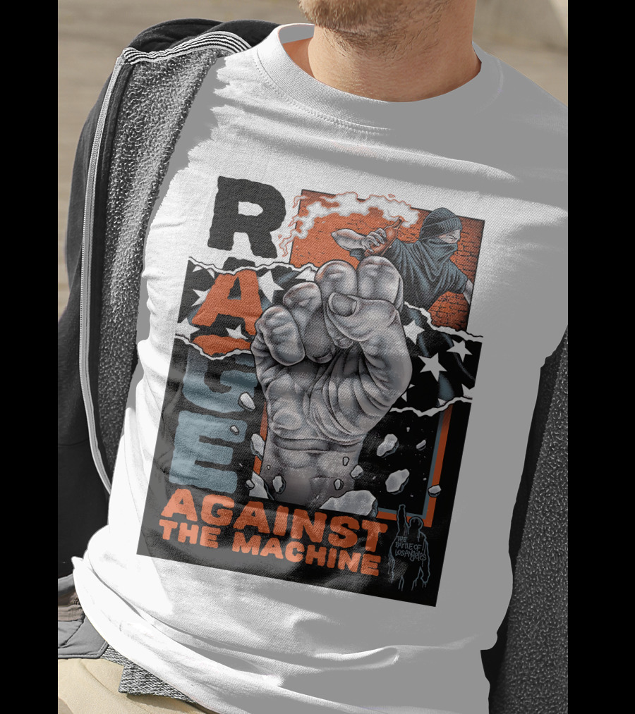 Rage Against The Machine Fist With Star Pattern And Hooded Figure T-Shirt