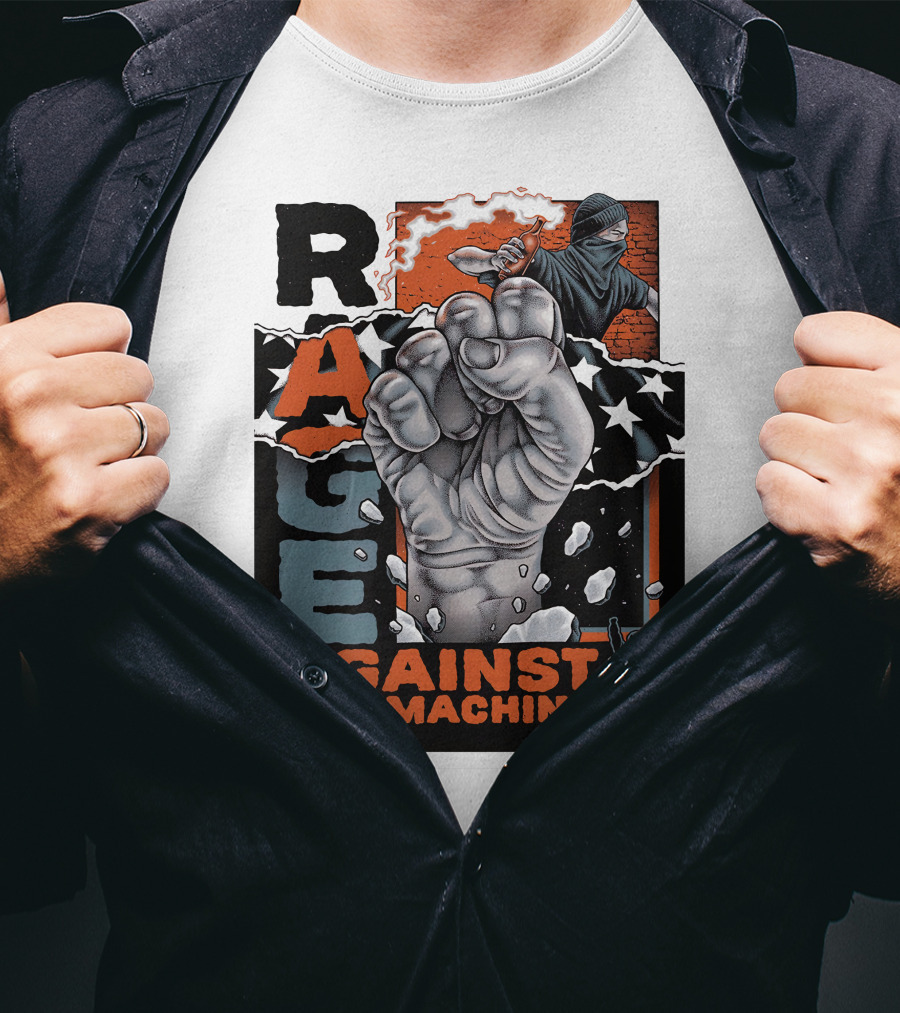 Rage Against The Machine Fist With Star Pattern And Hooded Figure T-Shirt