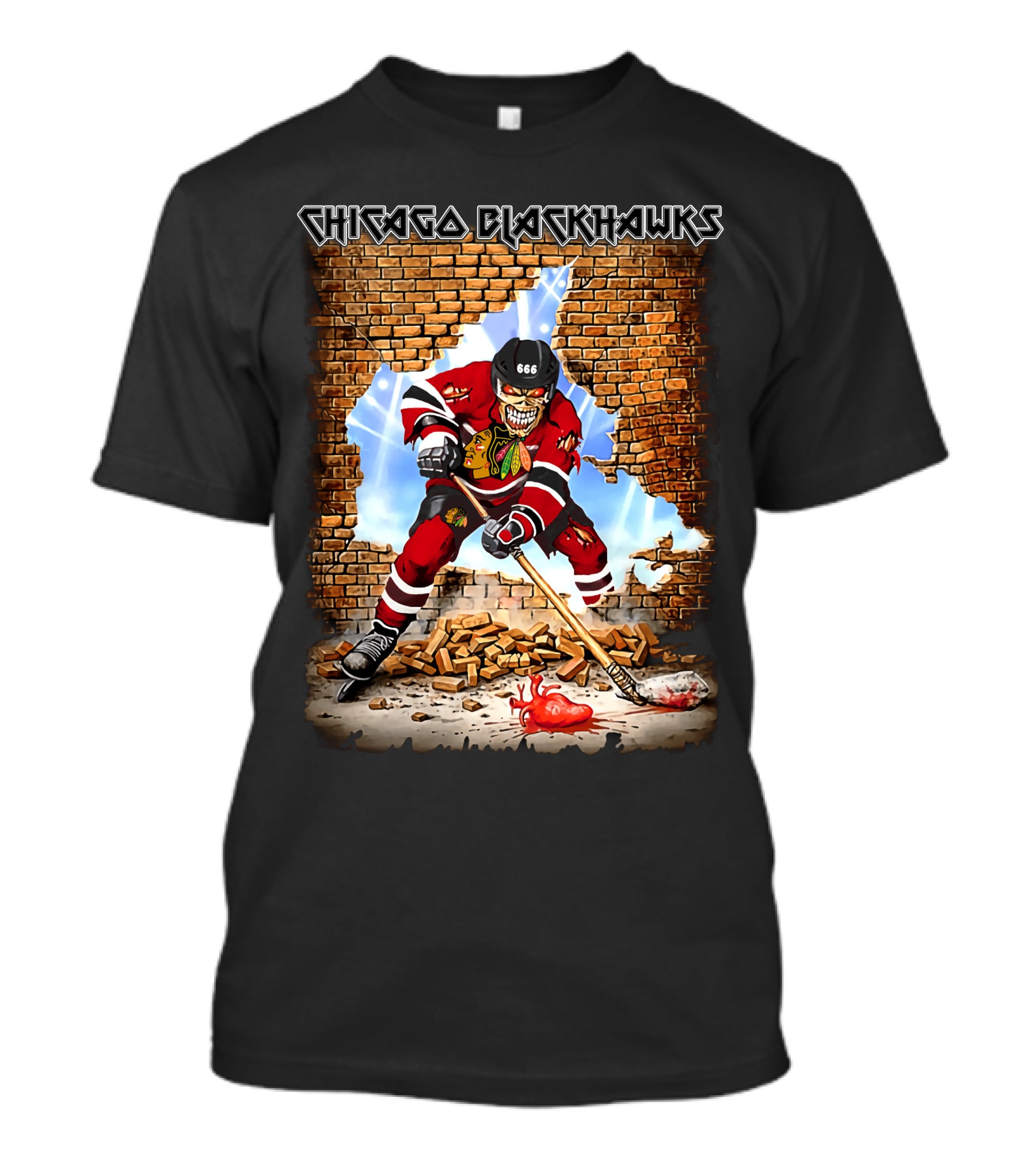 Chicago Blackhawks Hockey Skeleton Breaking Through Wall T-Shirt