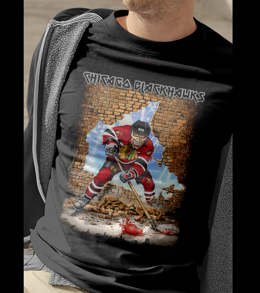 Chicago Blackhawks Hockey Skeleton Breaking Through Wall T-Shirt