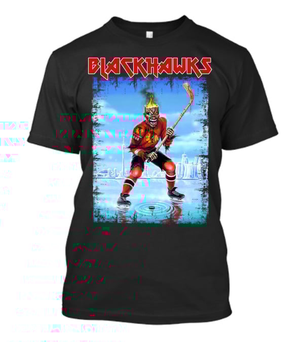 Blackhawks Ice Hockey Skeleton Player With Flaming Head And Hockey Stick T-Shirt