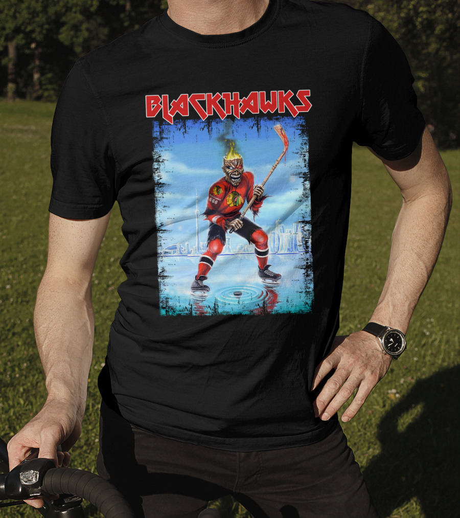 Blackhawks Ice Hockey Skeleton Player With Flaming Head And Hockey Stick T-Shirt