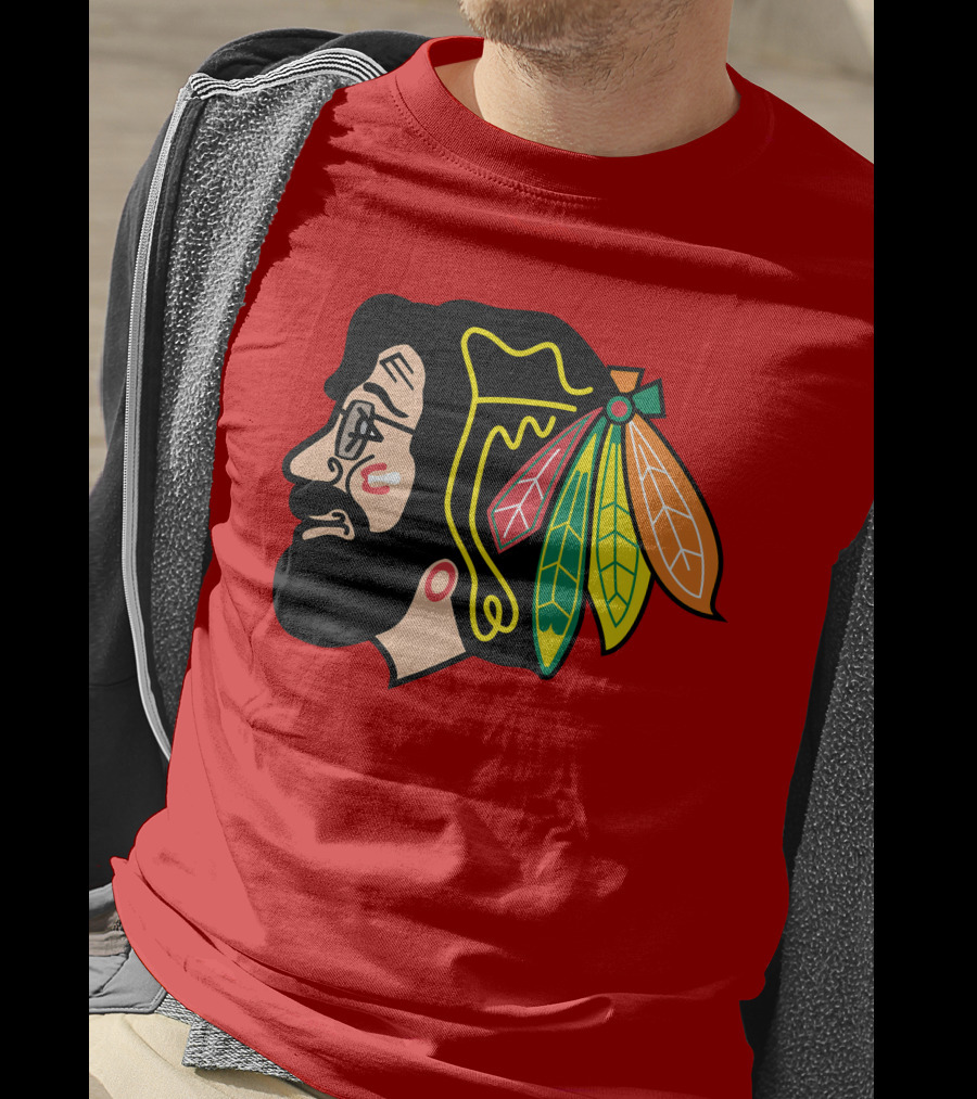 Chicago Blackhawks 1 Portrait With Feathered Headdress On Red T-Shirt