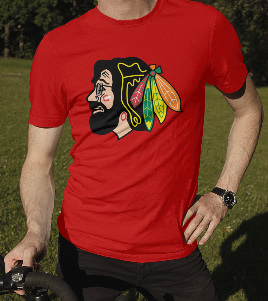 Chicago Blackhawks 1 Portrait With Feathered Headdress On Red T-Shirt