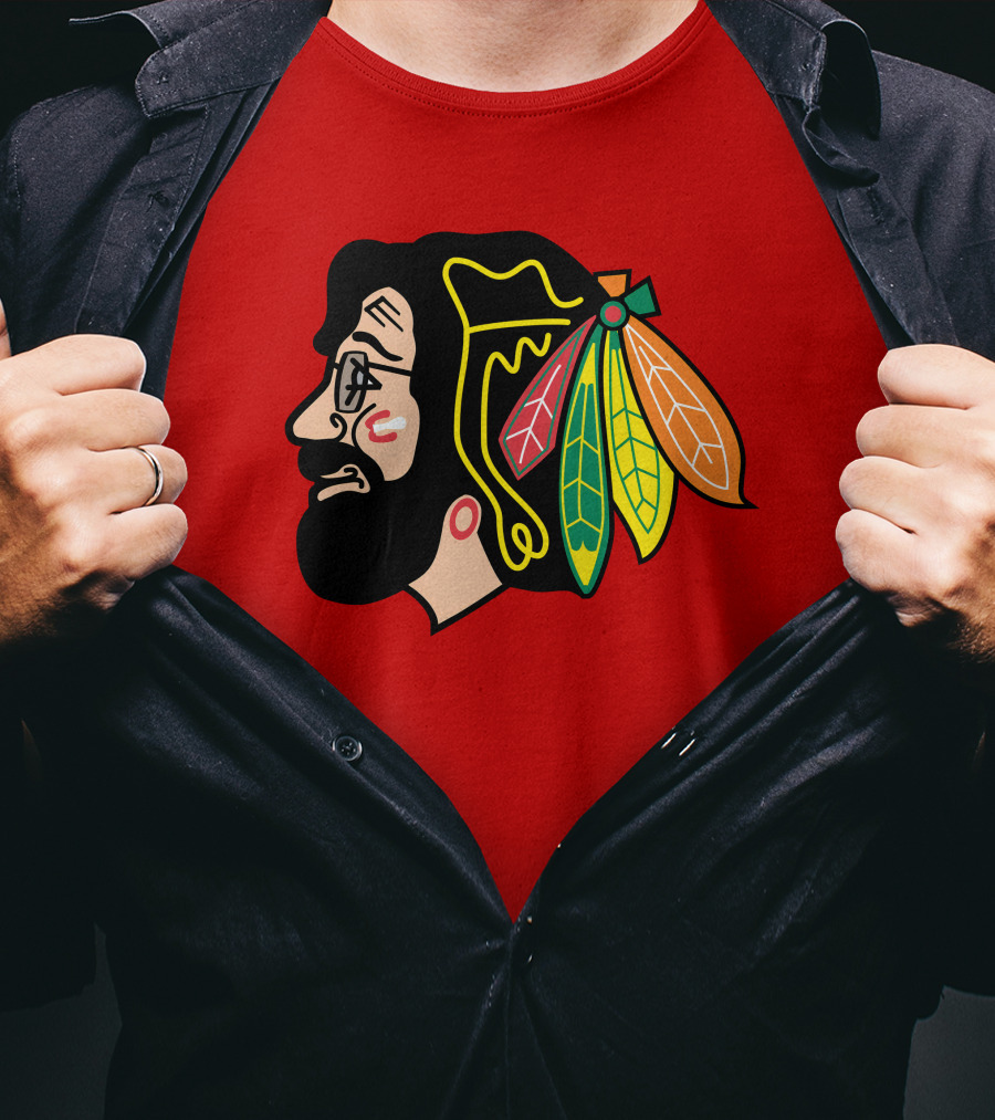 Chicago Blackhawks 1 Portrait With Feathered Headdress On Red T-Shirt