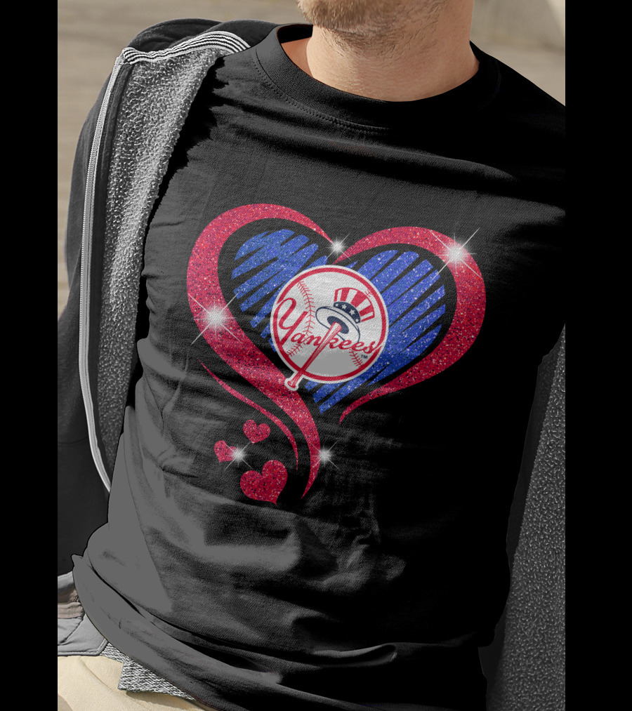 Yankees Shimmering Heart Design With Baseball Logo And Sparkling Red And Blue Elements T-Shirt