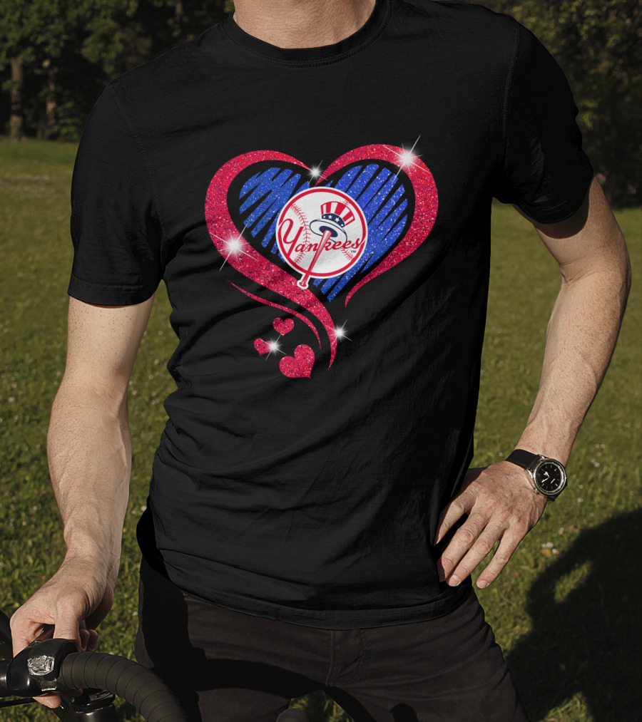 Yankees Shimmering Heart Design With Baseball Logo And Sparkling Red And Blue Elements T-Shirt