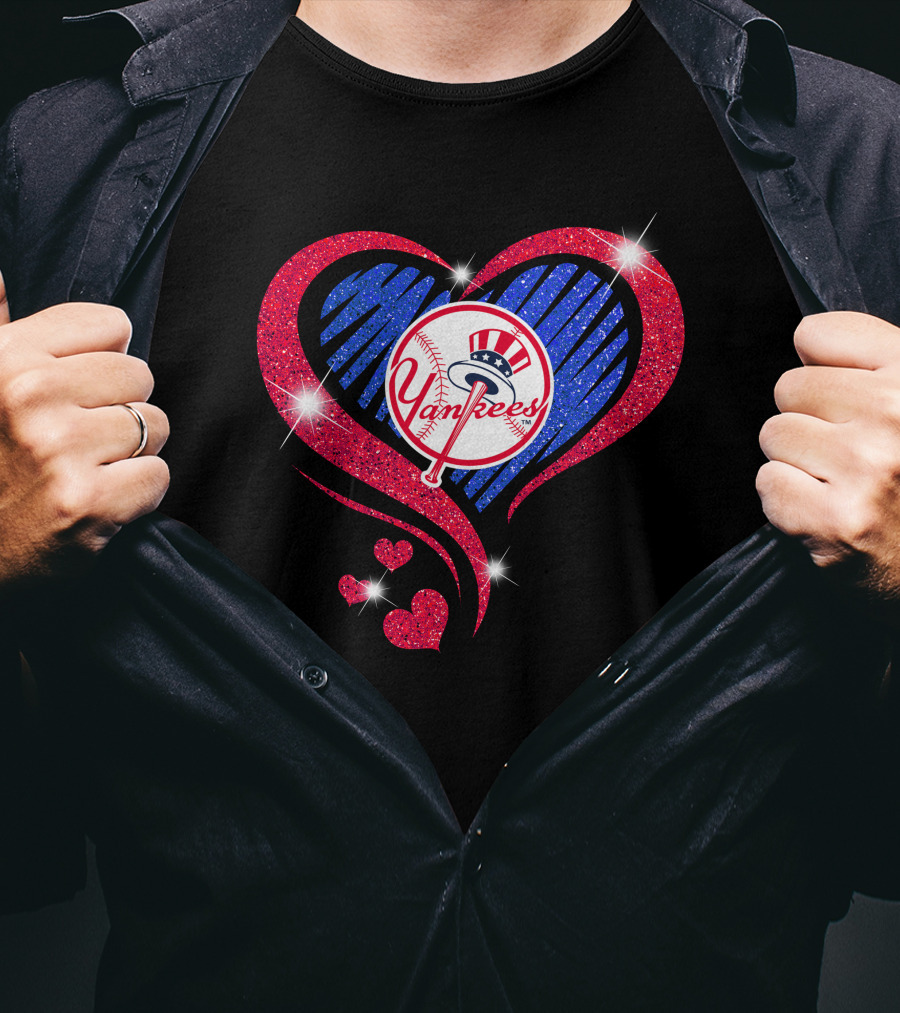 Yankees Shimmering Heart Design With Baseball Logo And Sparkling Red And Blue Elements T-Shirt