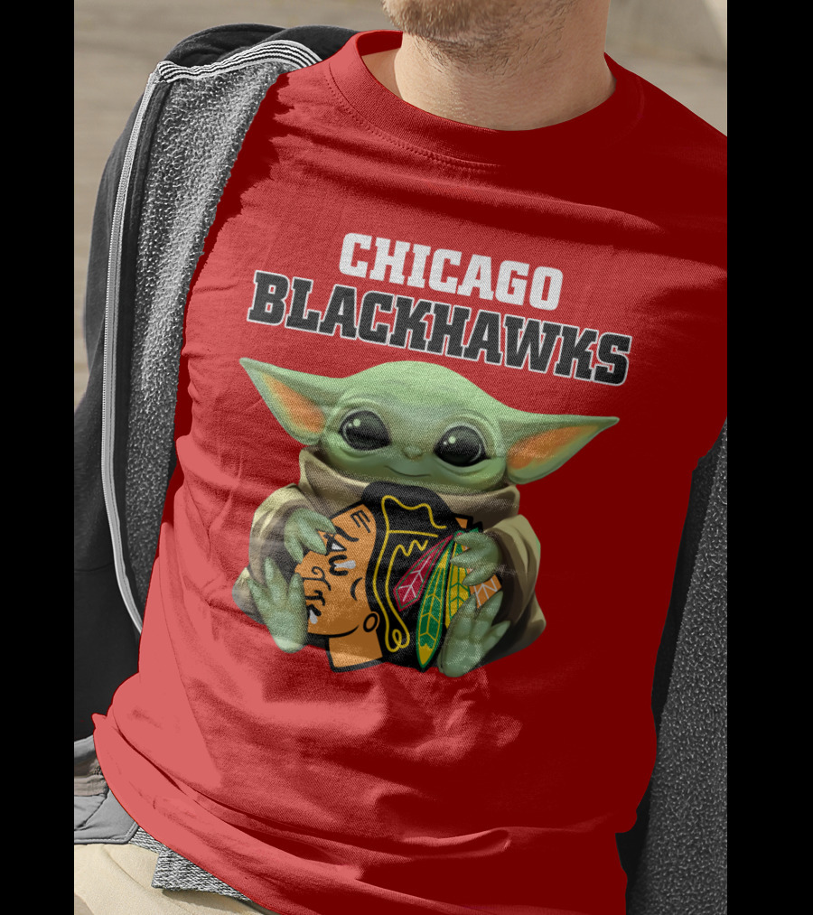 Chicago Blackhawks Baby Yoda Hugging Team T-Shirt
