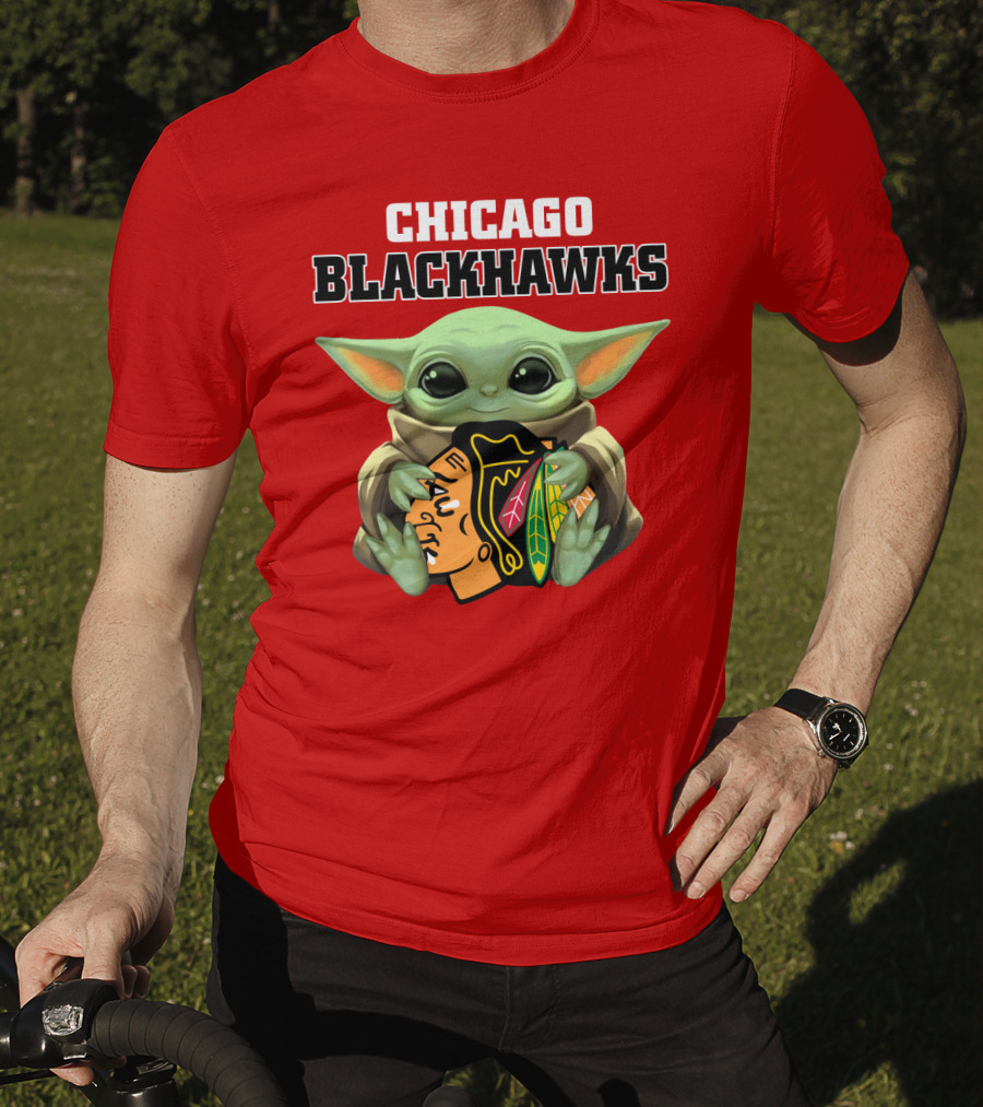 Chicago Blackhawks Baby Yoda Hugging Team T-Shirt