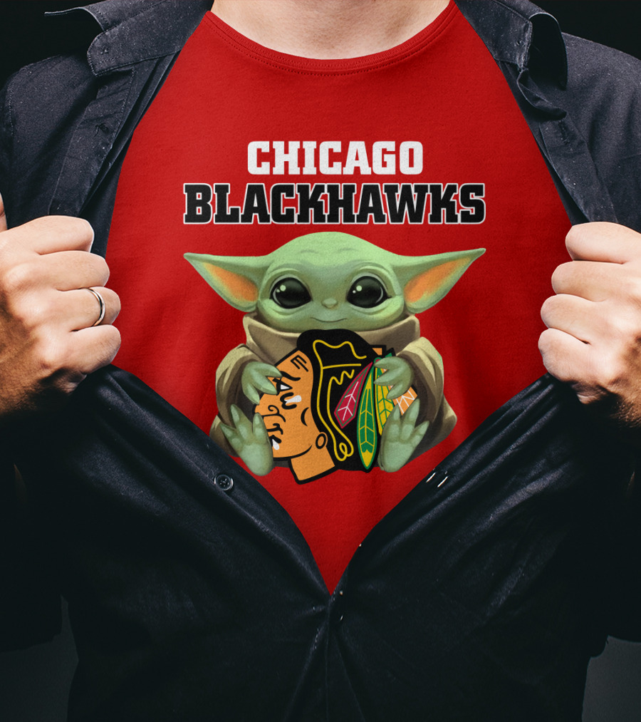 Chicago Blackhawks Baby Yoda Hugging Team T-Shirt