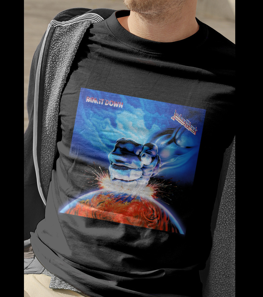 Judas Priest Ram It Down Album Cover Fiery Earth Fist Explosion T-Shirt