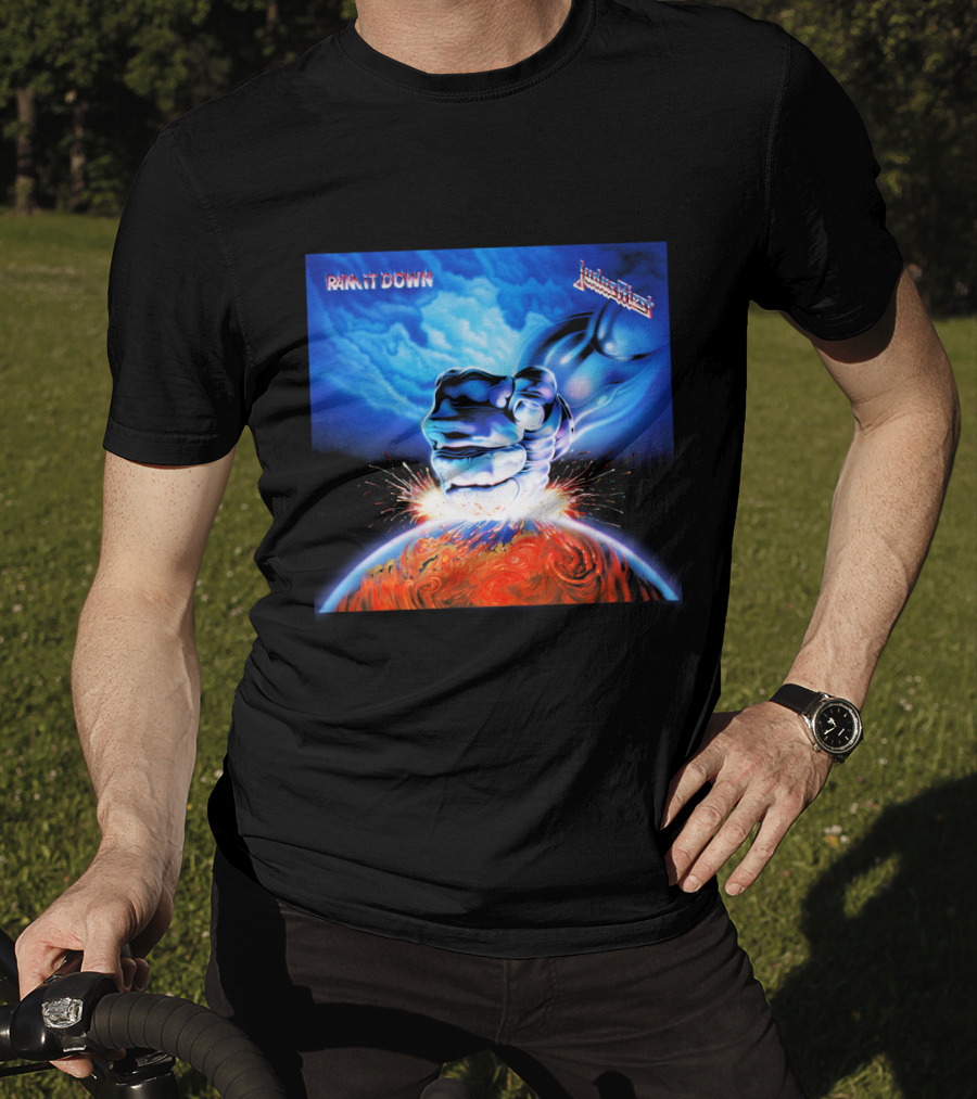 Judas Priest Ram It Down Album Cover Fiery Earth Fist Explosion T-Shirt