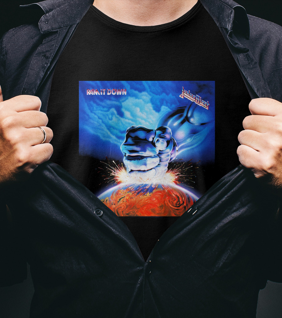 Judas Priest Ram It Down Album Cover Fiery Earth Fist Explosion T-Shirt