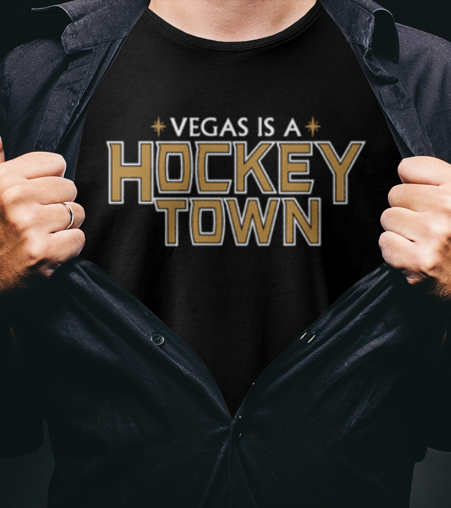 Vegas Is A Hockey Town Bold Gold And Black Text With Star Icons T-Shirt
