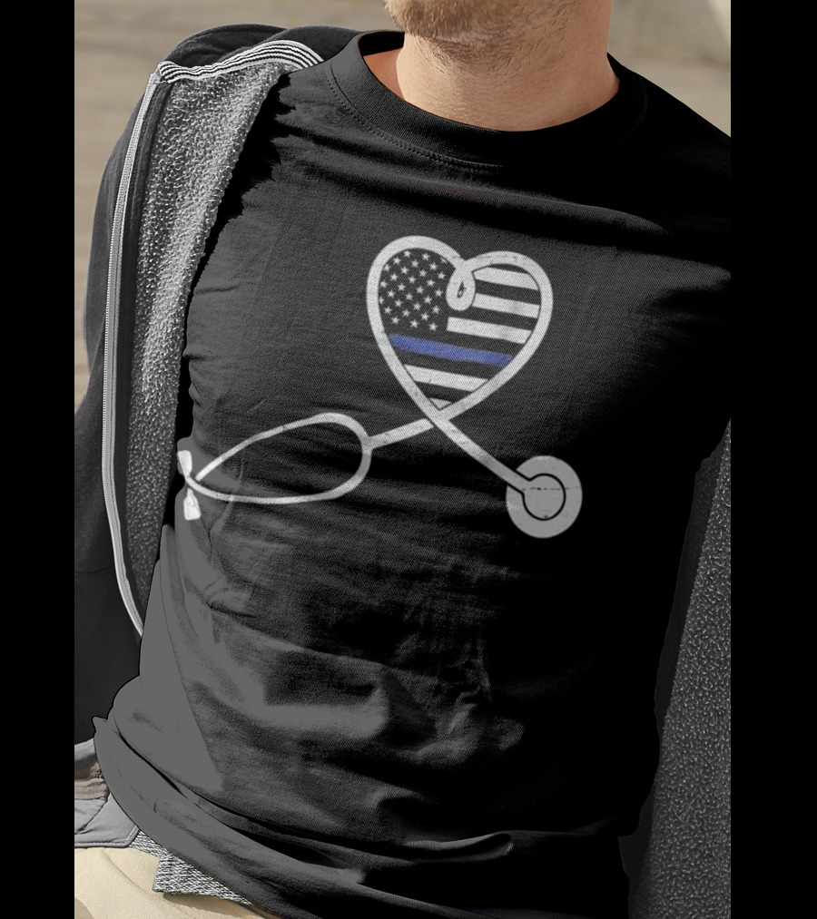 Thin Blue Line Nurse Wife Police Officer Heart Support Love T-Shirt