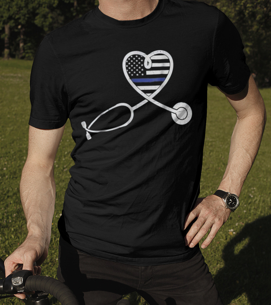 Thin Blue Line Nurse Wife Police Officer Heart Support Love T-Shirt