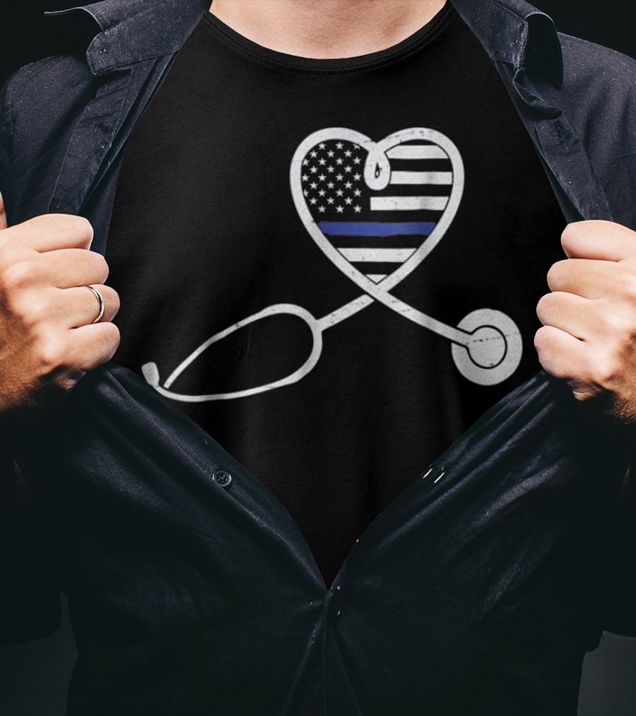 Thin Blue Line Nurse Wife Police Officer Heart Support Love T-Shirt
