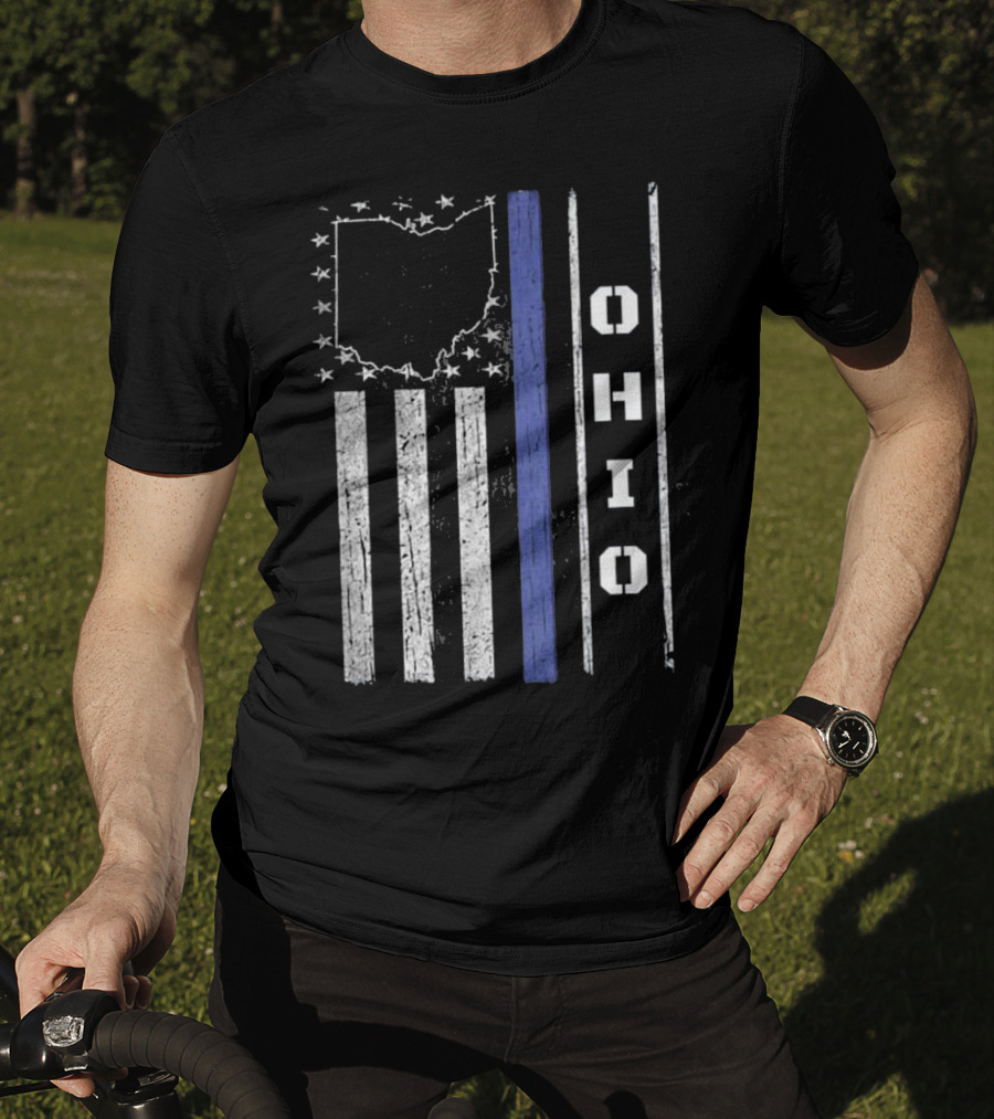 Ohio Thin Blue Line Flag With State Outline And Stars T-Shirt