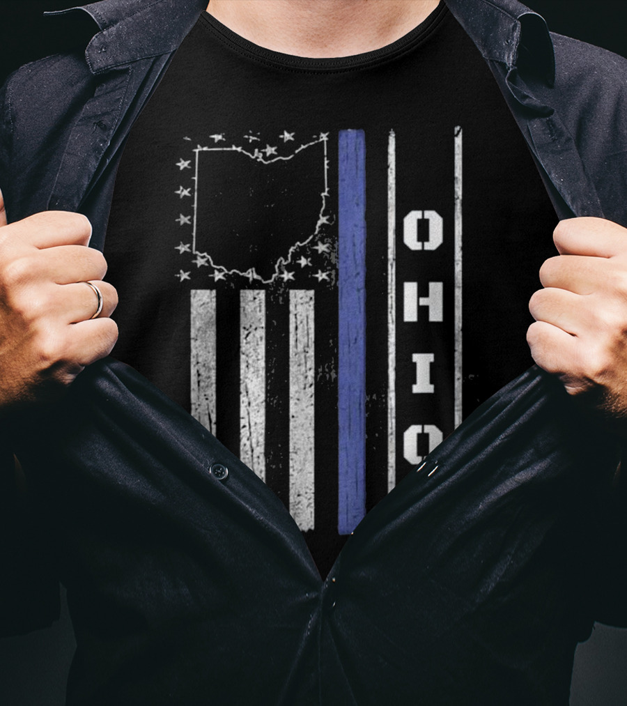 Ohio Thin Blue Line Flag With State Outline And Stars T-Shirt