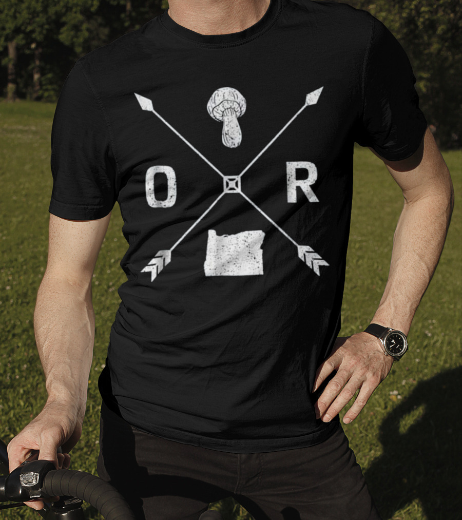 Oregon Morel Mushroom Hunting Graphic Map And Arrow X T-Shirt