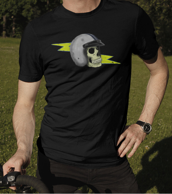 Too Fast Skull With Helmet And Yellow Lightning Bolt T-Shirt