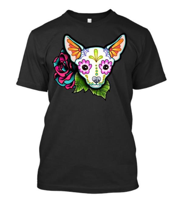 Chihuahua Day Of The Dead Sugar Skull With Colorful Flower And Green Leaves T-Shirt