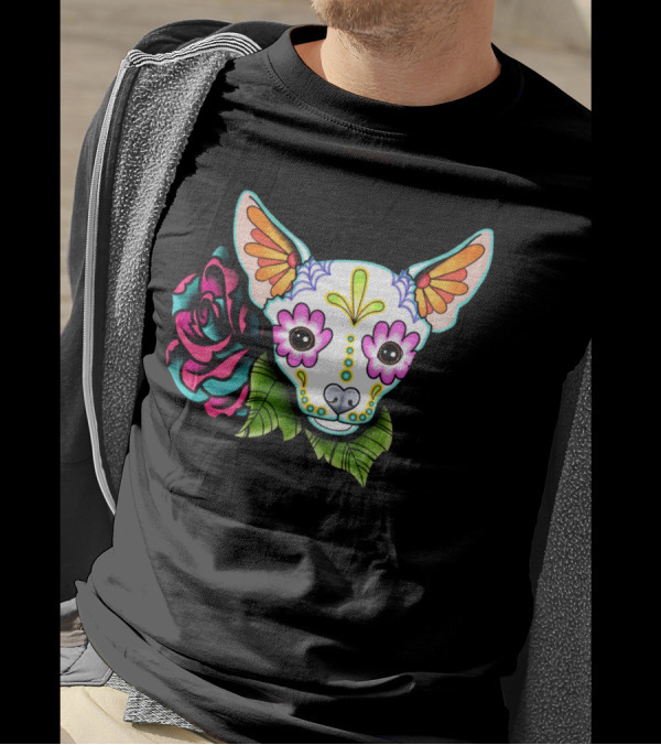 Chihuahua Day Of The Dead Sugar Skull With Colorful Flower And Green Leaves T-Shirt